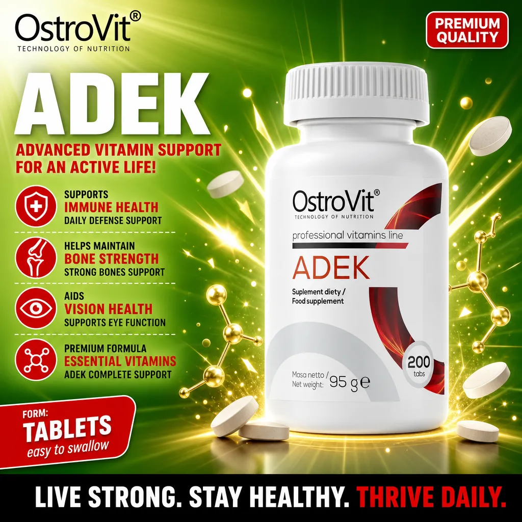 OstroVit ADEK 200 tabs vitamin supplement, professional vitamins line, supports immune health, bone strength, vision health, and essential vitamins, in a white bottle with red accents.