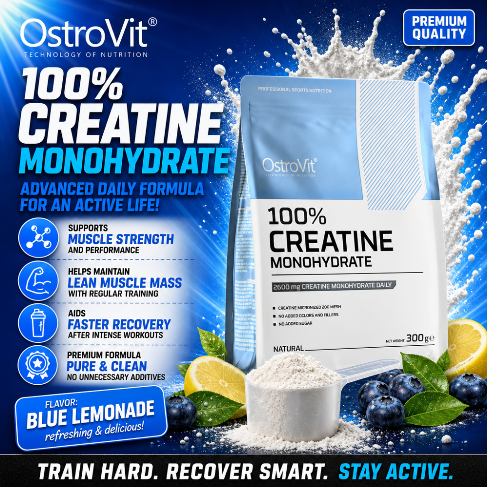 OstroVit 100% Creatine Monohydrate 300g Blue Lemonade, a micronized creatine supplement for muscle strength and recovery, shown in a blue and white pouch with lemon and blueberry graphics.