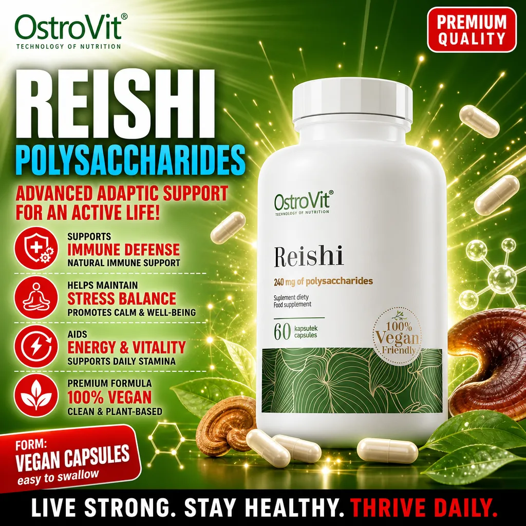 OstroVit Reishi 60 vegan capsules dietary supplement with 240 mg of polysaccharides per serving, supporting immune defense, stress balance, and vitality. 100% vegan formula, plant-based, in a white and green bottle.
