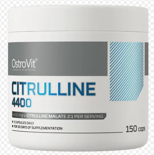 OstroVit Citrulline 4400 150 caps L-citrulline malate supplement, white container with blue and grey accents, 4400 mg per serving, 150 capsules.