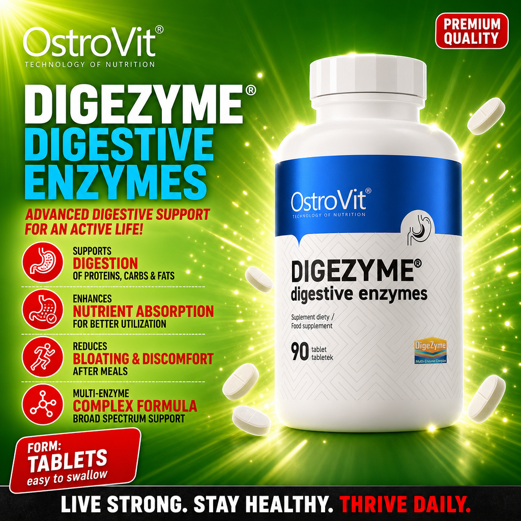 OstroVit DigeZyme Digestive Enzymes 90 tablets, a multi-enzyme dietary supplement designed to support digestion and nutrient absorption, in a white and blue bottle.