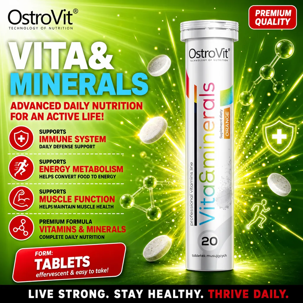OstroVit Vita&minerals 20 effervescent tablets orange flavour, a daily multivitamin and mineral supplement in tablet form, with a green-themed background and health benefit highlights.